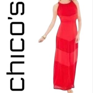 CHICO'S Mesh Stripe Red Sleeveless Maxi Dress Sz 3